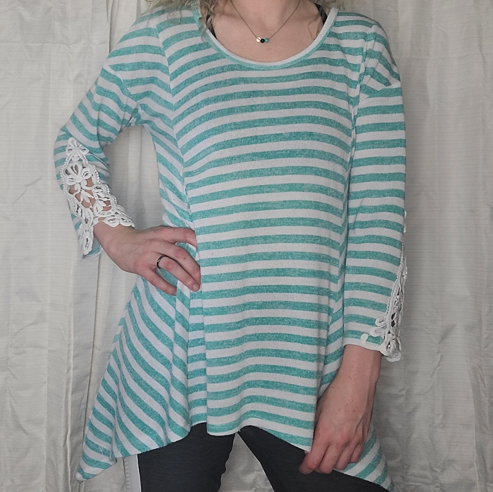 Absolutely Famous Teal White Striped Lace Top